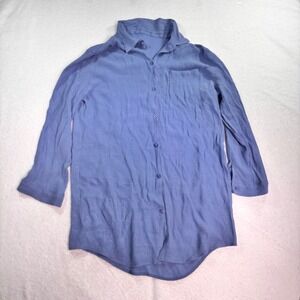 Blue Button Front Blouse Women's Large Lightweight Roll Tab Sleeve Top